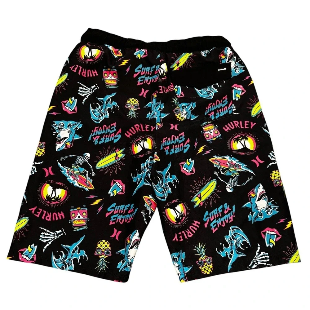 Hurley Surf Swim Shorts Youth XL Fits 30 Waist Black Graphic Elastic‎